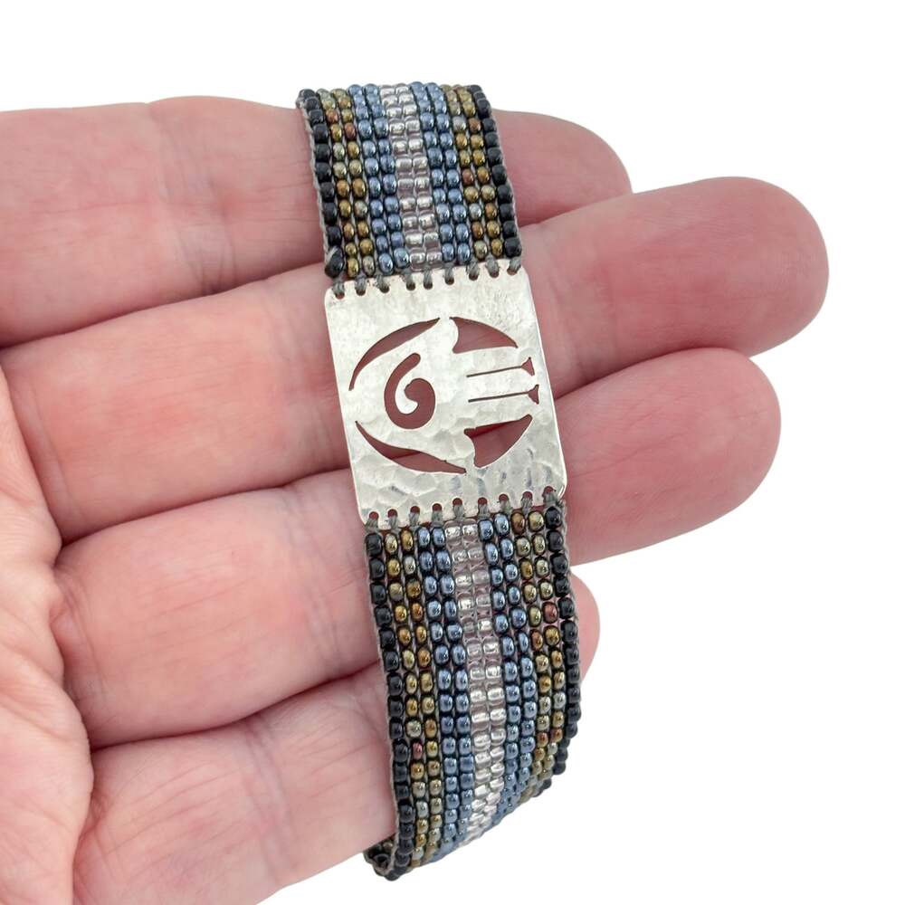 Vintage Sterling Silver 925 Hamsa Panel Wide Glass Seed Bead Bracelet 5-9"